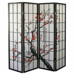 Roundhill Furniture Black Japanese 4-Panel Screen Room Divider Plum Blossom