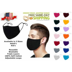 ADULTS & KIDS Face Mask 3 Layers 100% Cotton Washable Reusable ADJUSTABLE LOOPS