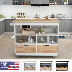 Kitchen Cart Rolling Mobile Kitchen Island Solid Wood Top Tableware Cabine