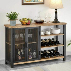 Home Coffee Mini Bar Cabinet Liquor Wine Industrial Rustic Wood Metal Buffet New