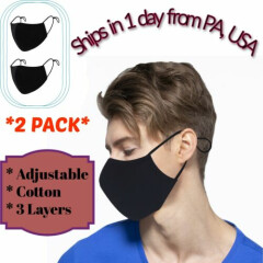 2 Pack Face Mask Black Cotton Adult Size S/M Adjustable Washable Reusable Masks