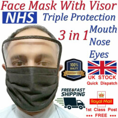 2x Face Eyes Cotton Mask Plastic Shield Protection Clear Reusable Washable Masks