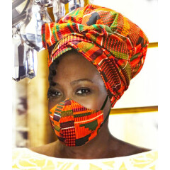 Kente Ankara African Face Mask | Reversible Satin-Lined Headdress Set