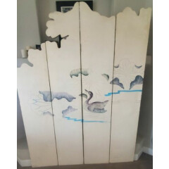 Haindpainted 4-Panel Solid Wood Room Divider Ducks, Water, Flowers, Stands Tall