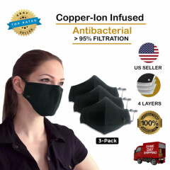  Copper Ion Infused washable Face Mask with 4 Layers of Filtration - 3 pack