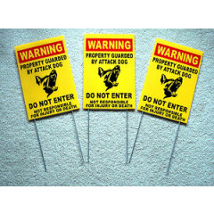 (3) WARNING Property Guarded by Attack Dog DO NOT ENTER Signs w/Stakes 8x12 yel