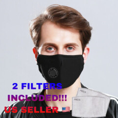 Black Face Mask Cotton Reusable Washable w/ Valve + 2 PM2.5 filters US SELLER
