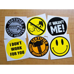 6pk Funny Hard Hat Stickers | Caulk Master Bag Lickers Smiley Face Laborer Work
