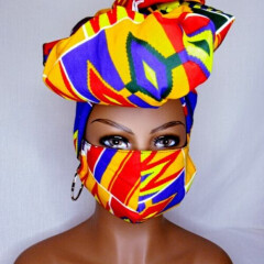 New African Wax Print Head Wrap and Face Mask Set (Orange/Red/Blue/Purple/Green)