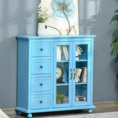 Blue Storage Sideboard Cabinet Console Cupboard with 4 Drawers and Glass Door