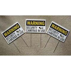 3 WARNING SECURITY CAMERAS IN USE Coroplast SIGNS 8x12 w/ Stakes Security b/y