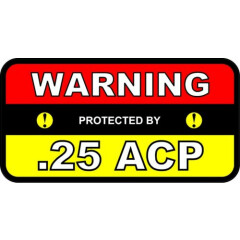 2 - Warning Protected by .25 ACP 2x4 Stickers Cal Ammo Firearm Pistol B113