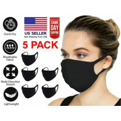 5 Pack Soft Cotton Double Layer Unisex Adult BLACK Face Mask Reusable Washable