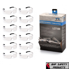 1 DOZEN CLEAR ZTEK SAFETY GLASSES W/ 100 LENS CLEANING TOWELETTES COMBO LISTING