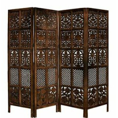 ANTIQUE STYLE HANDMADE WOODEN PARTITION SCREEN / ROOM DIVIDER, 4 PANELS-BROWN