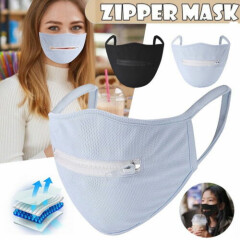 Zipper Face Mask Face Covering With Opening Zip For Drinking Straw Smoking US
