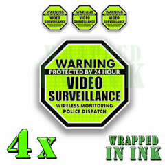 Warning 24 hour Video Surveillance Security Stickers GREEN OCT. Decal 4 PACK