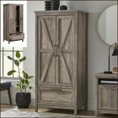 Rustic Farmhouse Tall Armoire Wardrobe Storage Cabinet 2 Barn Door Style Drawer