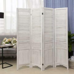 Vintage White Wood Louvered Folding Room Divider Screen w/4-Panels & Hinges