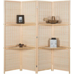 4 Panels Bamboo Room Divider Folding Screens with 2 Display Shelves Woven Indoor