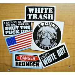 6pk Funny Hard Hat Stickers | White Trash Dirty Boy American Flag Redneck USA