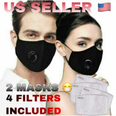 2x Black Face Mask Cotton Reusable Washable W/ Valve + 4 PM2.5 filters US SELLER