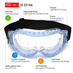 SAFEYEAR Safety Goggles Anti-Fog Glasses Anti-Scratch Seal Eye Protection Bule