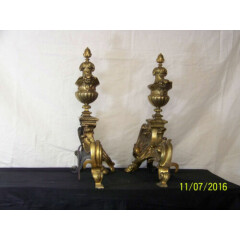 Antique French Rococo Scroll Gilt Bronze Andirons Chenets Lion Claw Feet 