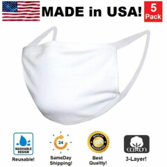 5 Pack White Cotton Face Mask Reusable Washable Breathable Coverings Unisex USA