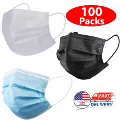 100x Black/Blue/White Face Mask Mouth& Nose Protector Respirator Masks US Seller