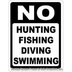 No Hunting Fishing Diving Swimming Sign. Size Options. Trespassers Trespassing