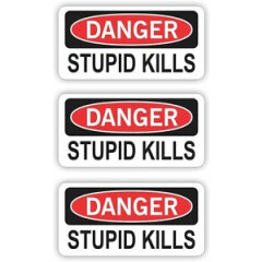 3x - Danger Stupid Kills Funny Hard Hat | Helmet Decals Stickers Vinyl Labels