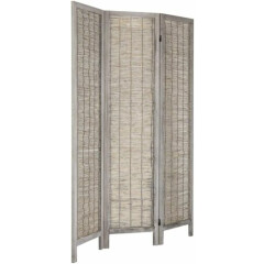 3 Panel, Woven Reed Room Divider w/ Distressed Gray Solid Wood Frame, Foldable