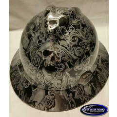 Silver Skulls and Roses Full Brim New Custom MSA V-Gard Hard Hat W/FasTrac 