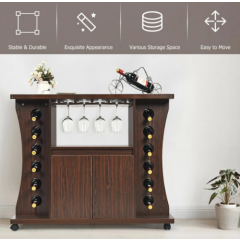 Rolling Buffet Sideboard Wooden Bar Storage Cabinet w/ Wine Rack & Glass Holder 