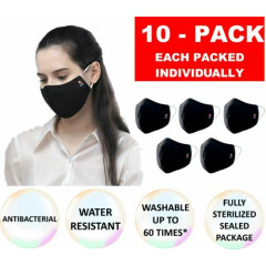 10 PC Dony Triple Layer Black Cloth Face Mask Washable Over 60 Times Black Color
