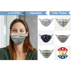 Adult Face Mask with Filter Pocket | 4 Layers Pleated Cotton Blend Made in USA