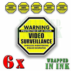 Video Surveillance Security Stickers Decals Warning YELLOW 6 pack Octagon 4"