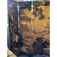 Vintage George Zee Four Panel Hand Carved & Painted Asian Room Divider Screen 