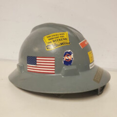 MSA V-Gard Hard Hat USED Gray Type 1 Class E with Fas-Trac STICKERS & Key Badge