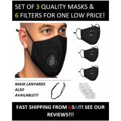 3-pcs Reusable Washable Cloth Face Mask with Air Valve & 6 PM2.5 Carbon Filters