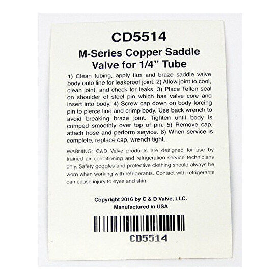C&D Braze-On Self-Piercing Copper Saddle Valve for 1/4" Tube CD5514 Package of 6 image {2}