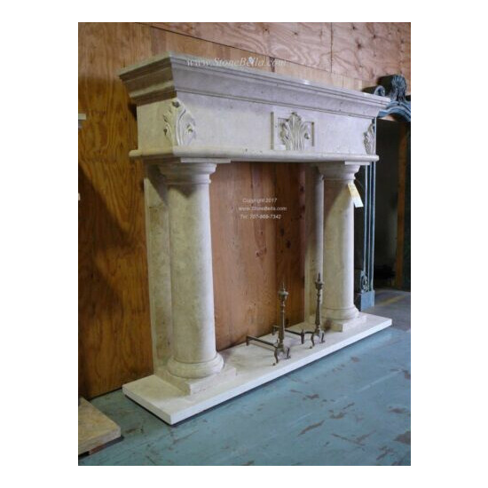 Large Hand carved Travertine Fireplace Mantle, Column Stone Mantle Surround image {2}