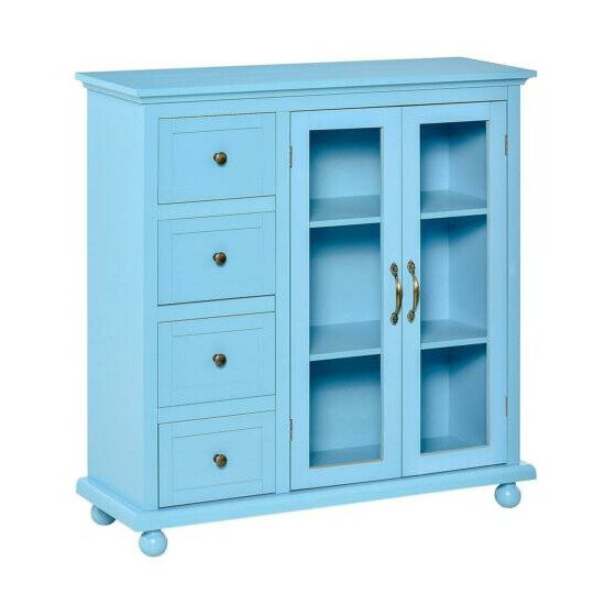 Blue Storage Sideboard Cabinet Console Cupboard with 4 Drawers and Glass Door image {2}