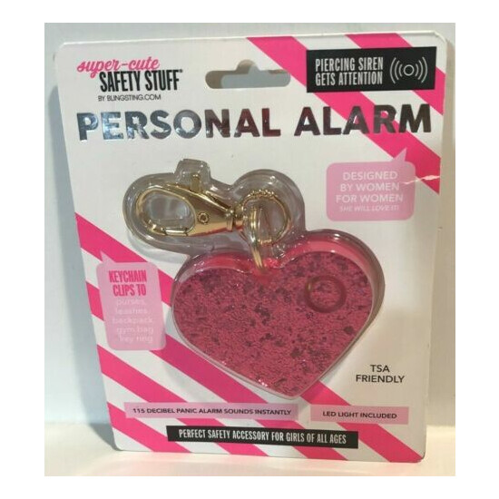 New BlingSting Personal Alarm Pink Glitter Heart Keychain Clip Safety TSA image {1}