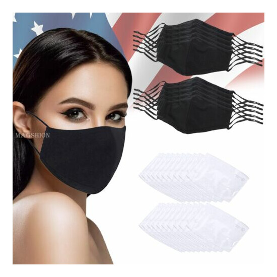 Cotton Cloth Masks With Nose Wire and Filter Pocket + Individual Pack Filter BLK image {13}