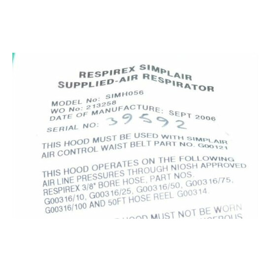 RESPIREX SIMPLAIR SIMH056 SUPPLIED AIR RESPIRATOR NIOSH HOOD ASIMH056/73 NEW image {5}