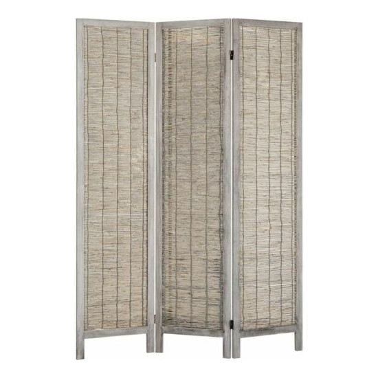 3 Panel, Woven Reed Room Divider w/ Distressed Gray Solid Wood Frame, Foldable image {3}
