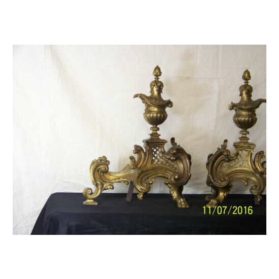 Antique French Rococo Scroll Gilt Bronze Andirons Chenets Lion Claw Feet  image {3}