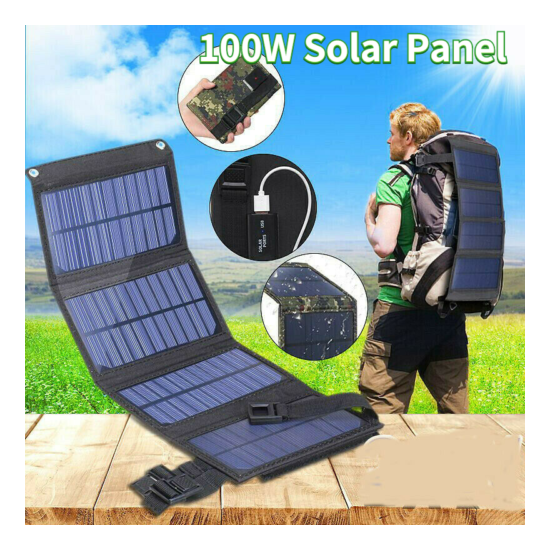 Foldable 100W Solar Panel Kit Power Bank Outdoor Camping Hiking Phone Charger US image {1}